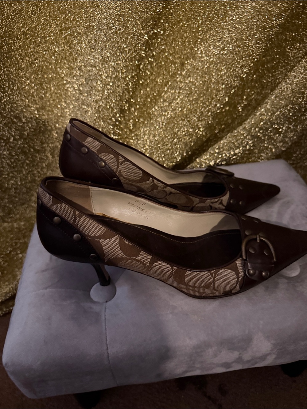 Coach Brown Monogram Pointed-Toe Heels with Leather Trim